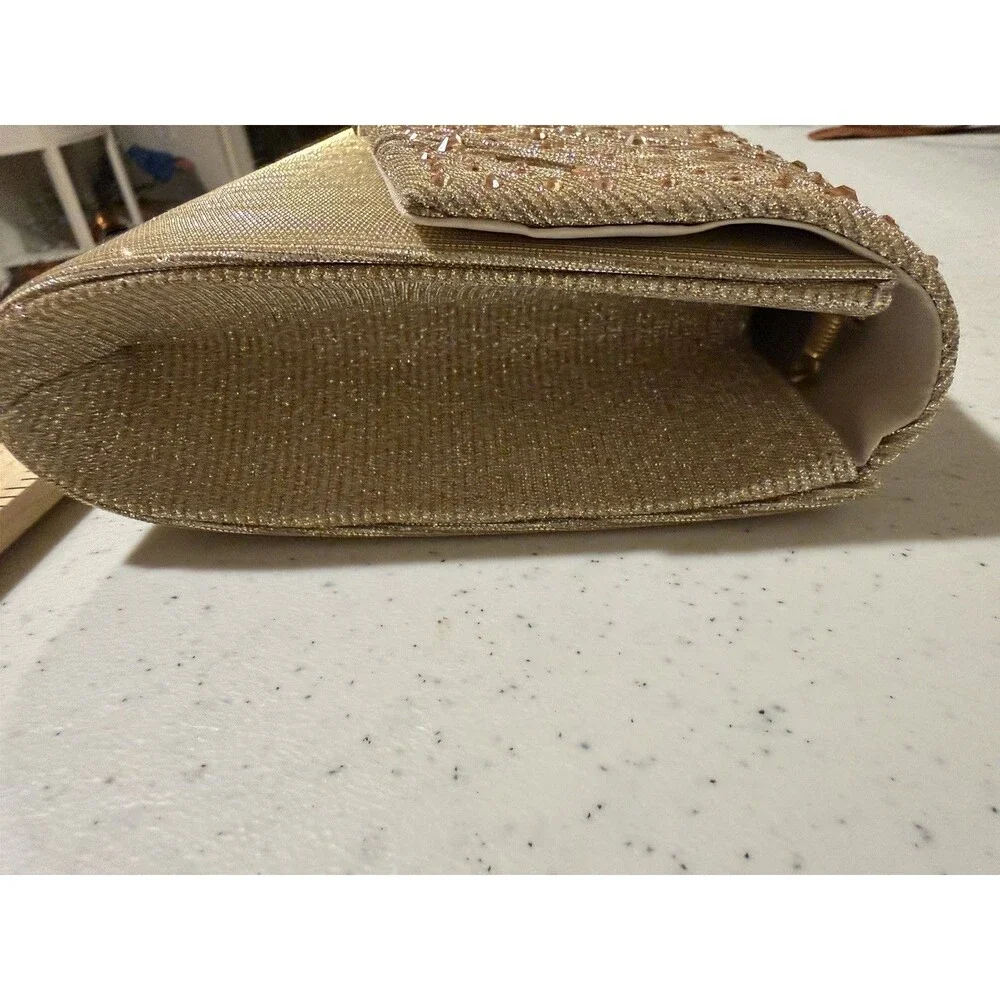 OTD Land Gold Beaded Glitter Clutch, Snap, Detach Chain Crossbody Strap